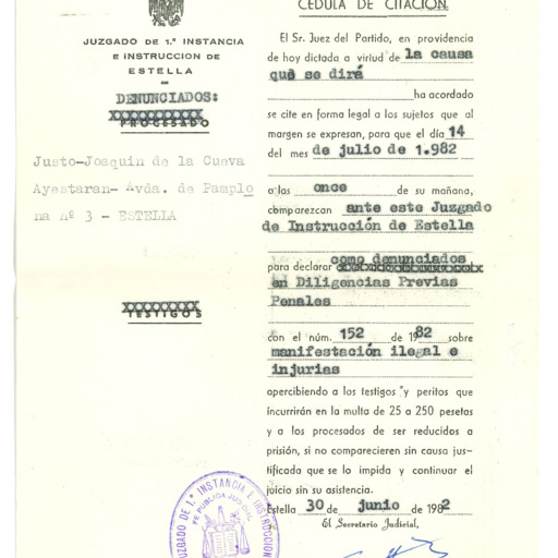 Citación a Zuzen diligencias sobre su detención en el Aberri Eguna 82